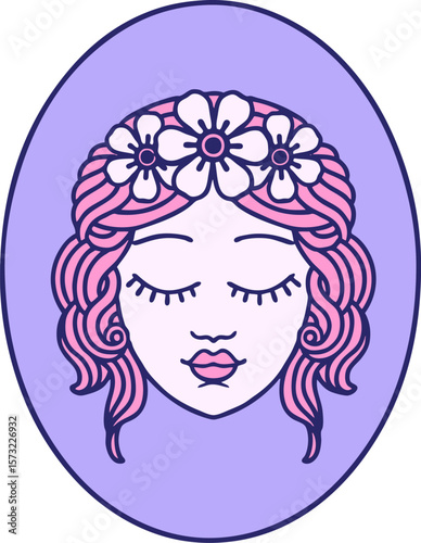 tattoo in traditional style of a maiden with eyes closed in bright neon color