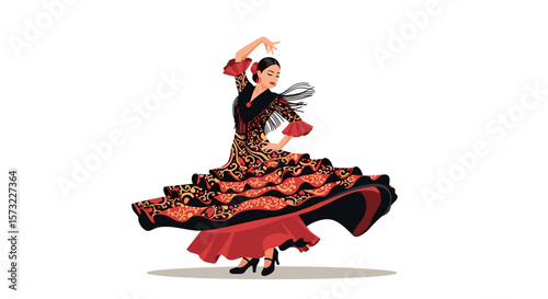 Illustration of a flamenco dancer in a ruffled dress with a hand raised in a pose