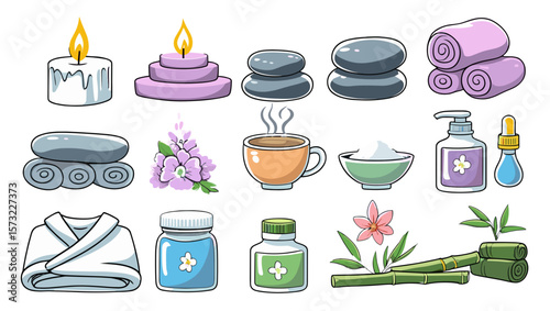 Illustration of spa and wellness elements including candles stones towels and lotions