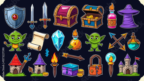 Collection of fantasy themed items including treasure chests, goblins, and castles