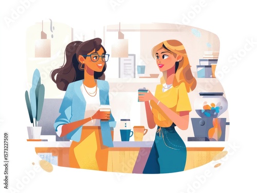 coworkers chatting over coffee during morning check-in, flat illustration, modern office elements