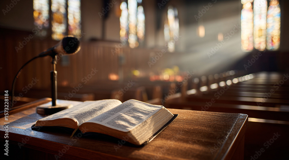 Naklejka premium Bible services in the church on the background of the cross. An open Bible in the pulpit of the church.