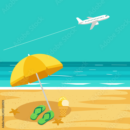 Beach scene with sun umbrella, flip-flops, ice cream, and airplane, flat vector design with bright yellows, turquoise sea, and sand textures