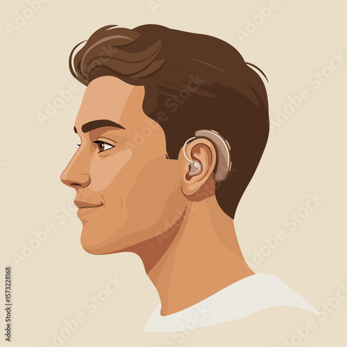 Side profile of human face with visible behind-the-ear hearing aid in flat vector style, clean lines on neutral pastel background, inclusive healthcare concept