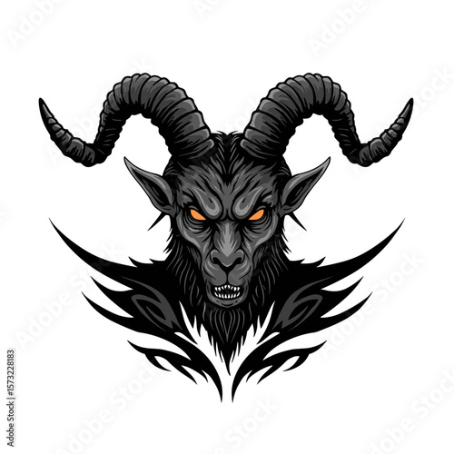 Goat demon in dark gothic vector illustration with sharp lines and high contrast in symmetrical composition on white background