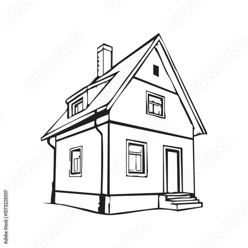 Cottage Illustration: A charming black and white cottage, with a pitched roof and inviting facade, representing home and shelter.