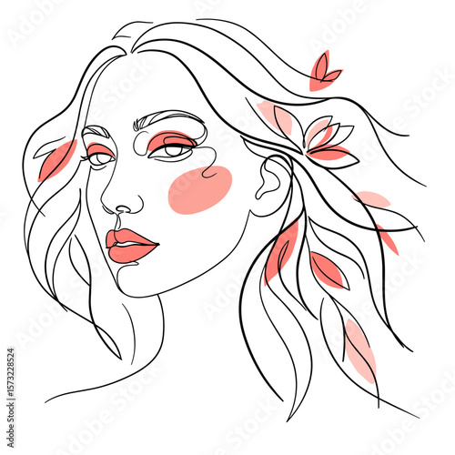 Woman’s face in profile in monoline vector style with bright coral red lips and eyelid, continuous fluid line on white background