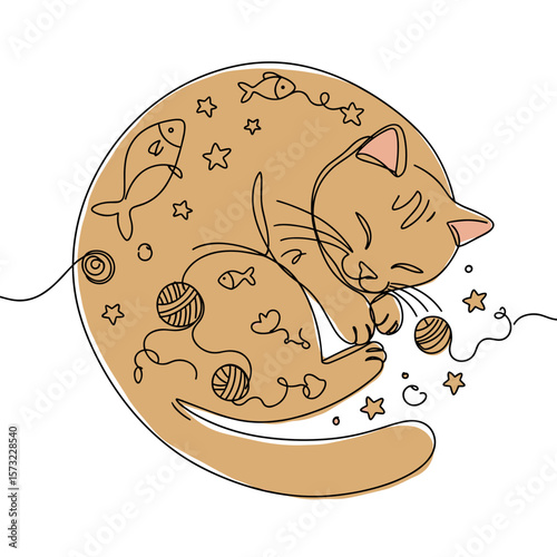 Sleeping cat curled up in monoline vector illustration with warm sand-beige fill and dream-like fish, stars, and yarn balls on white background