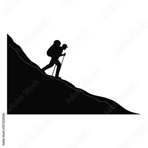 Person hiking uphill on a mountain slope using trekking poles silhouette