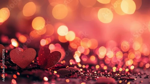 Bokeh lights background with red hearts, love and romance concept, festive holiday backdrop, celebration.