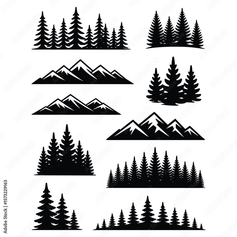 Obraz premium Collection of black pine tree and mountain silhouettes
