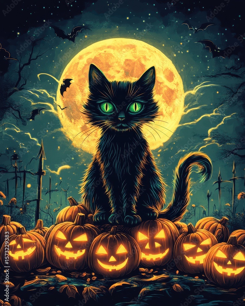 Fototapeta premium Mysterious Black Cat with Glowing Green Eyes and Halloween Pumpkins