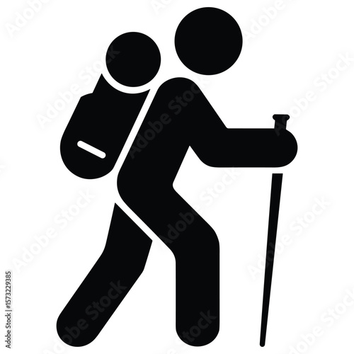 Stylized hiker with backpack and trekking pole silhouette