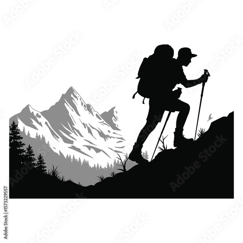 Hiker with backpack ascending mountain trail with trekking poles silhouette