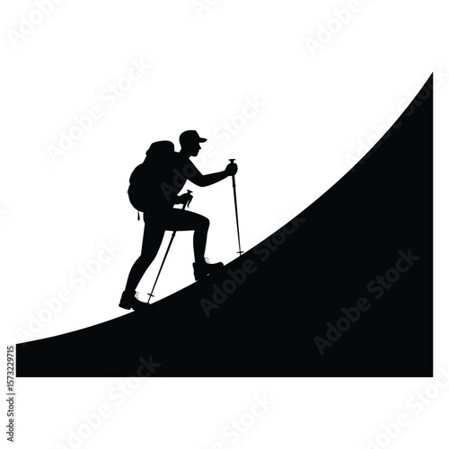 Man with backpack and poles climbing steep hill silhouette