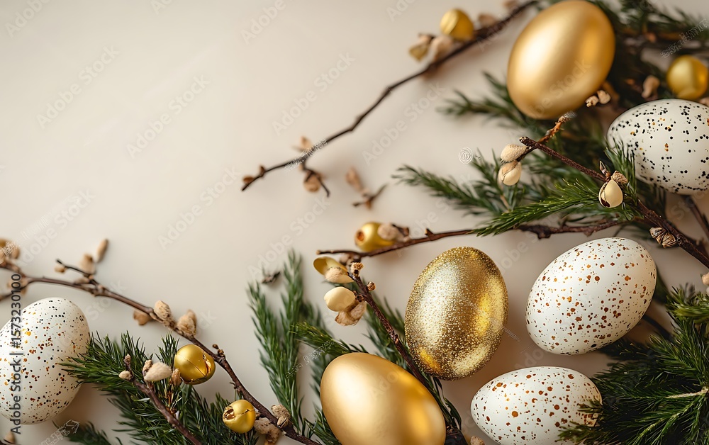 Obraz premium Arrangement of golden and speckled Easter eggs with greenery and branches for celebration