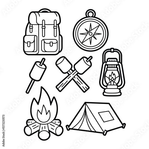 Black and white line art vector of six camping icons in circular layout including backpack, compass, lantern, fire, marshmallow sticks, and tent for coloring book