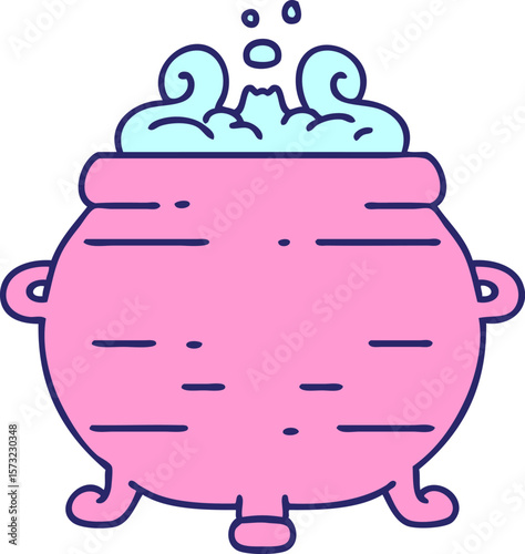 cartoon cauldron bubbling and brimming with magical potions in bright neon color