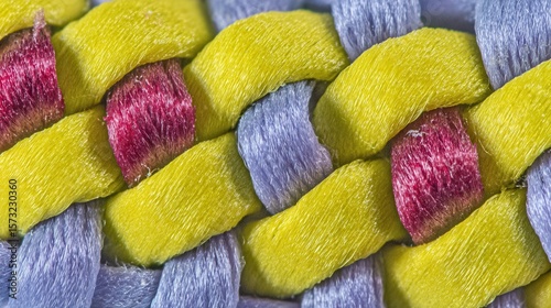 Braided synthetic fiber closeup showing yellow, purple, and red threads. Shiny textured pattern focuses on interwoven geometric fabric detail.