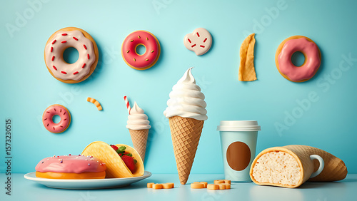 Colorful illustrations of food items including donuts tacos ice cream cones and coffee displayed in
