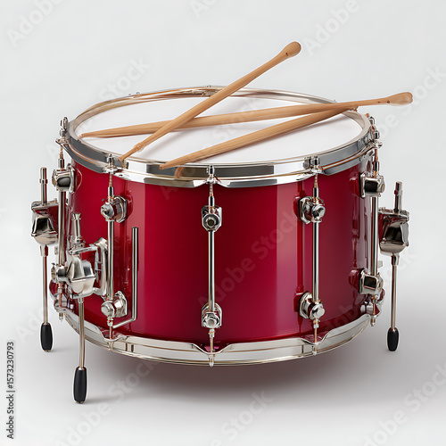 Red snare drum with wooden drumsticks resting on the drumhead chrome hardware musical instrument studio shot