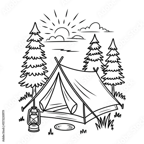 Black and white line art vector of camping scene with tent, pine trees, and lantern in simple coloring page style