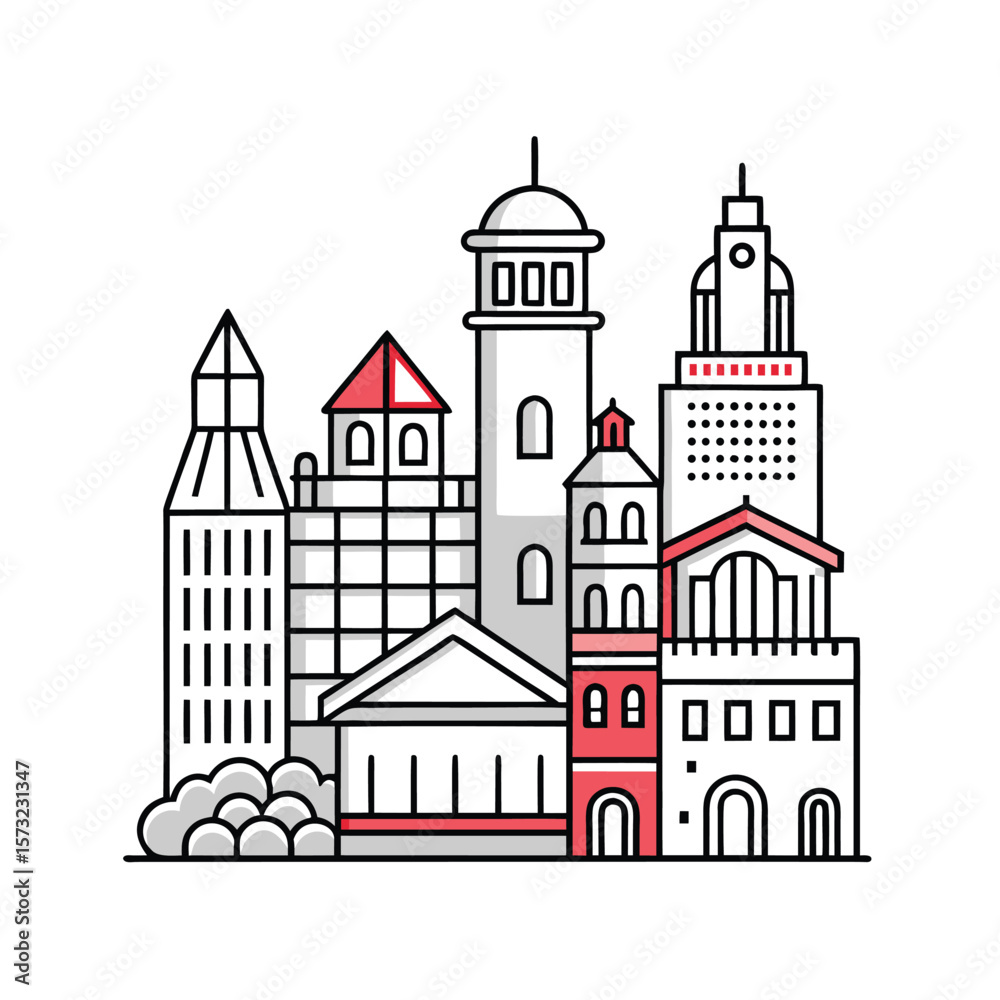 Naklejka premium Collection of city building outlines and architectural silhouettes against a clean white background isolated on white background