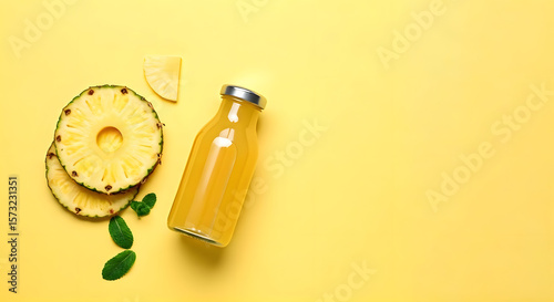 A minimalist flat-lay of a bottle of pineapple juice with perfectly sliced pineapple rings and mint leaves, all on a solid pastel yellow background