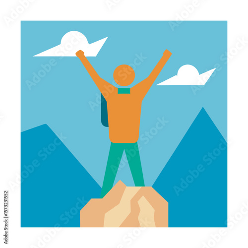 Backpacker Celebrating Victory On Mountain Top
