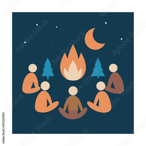 Group Sitting Around Warm Glowing Fire