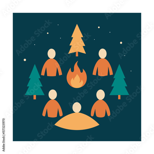 Camp Group Gathering Around Campfire Light