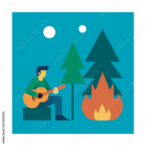 Camper Playing Guitar Beside Campfire Light