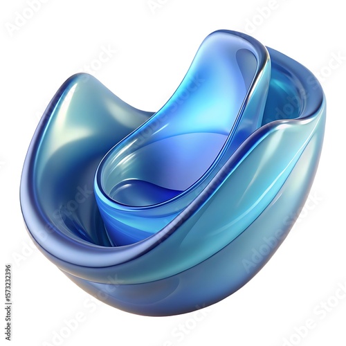 Abstract blue liquid form with smooth curves and metallic sheen on white background