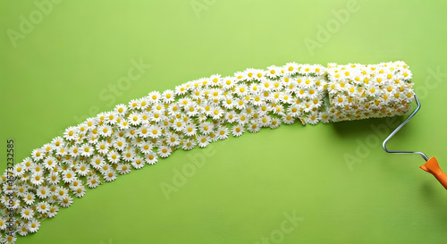 A paint roller completely covered in blooming white daisies, rolling across a bright green wall, leaving a floral trail instead of paint
