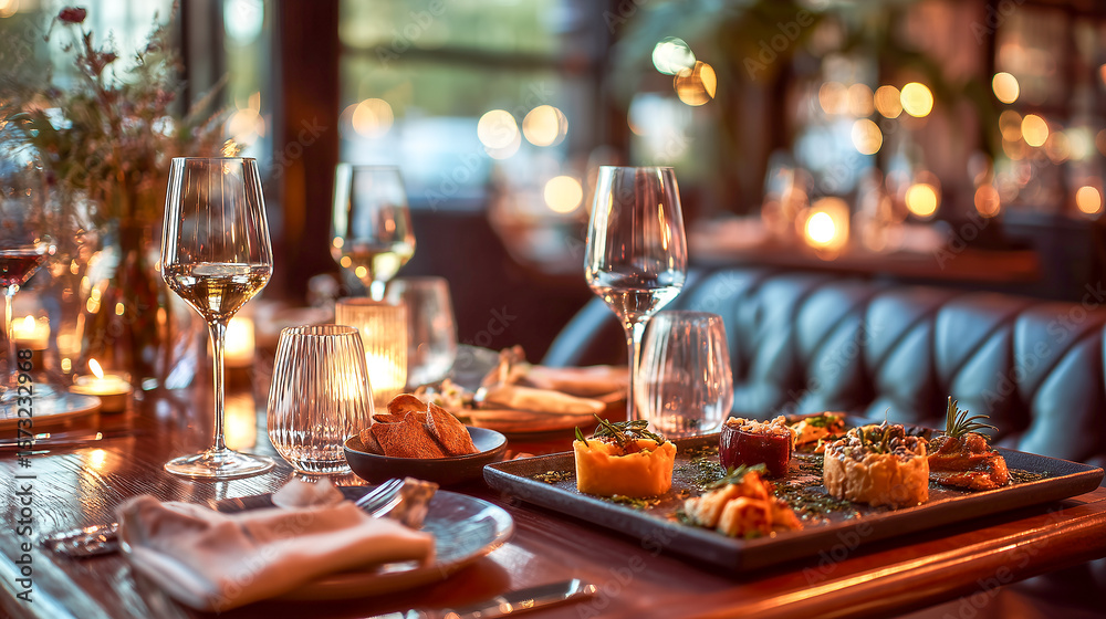 Fototapeta premium Elegant Restaurant Setting with Exquisite Appetizers and Wine Glasses a Fine Dining Experience with Warm Lighting