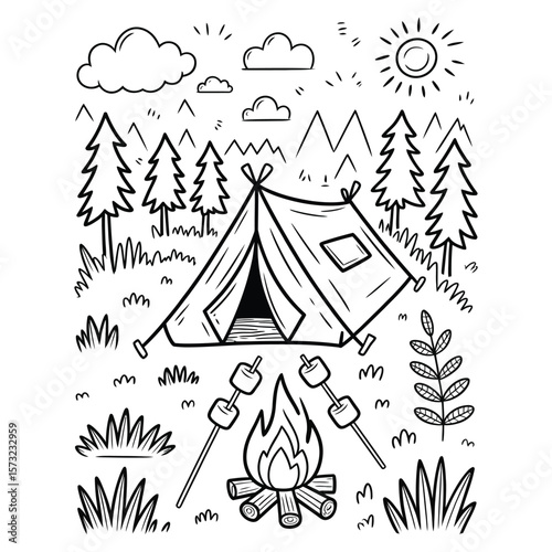 Black line art vector of whimsical doodle-style camping scene with tent, campfire, marshmallows and nature elements for coloring page