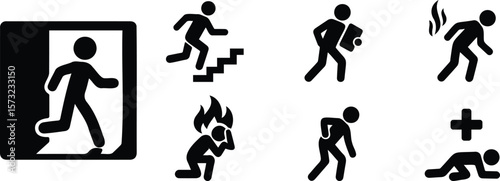 Stickman icons showing emergency exit, running from fire, injury, and hazard scenarios in danger response pictogram style