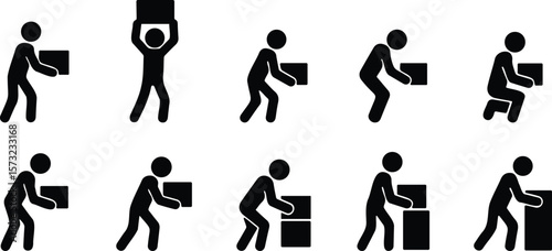 Stickman silhouette icons showing various box lifting and carrying postures, representing logistics, manual labor, and package handling