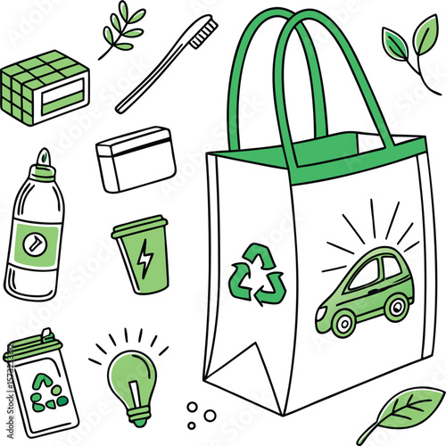 A sustainable lifestyle graphic depicts eco-friendly items and a reusable bag promoting environmental consciousness and mindful living.