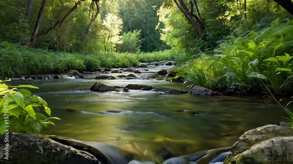 Serene river flowing through a lush green forest, with sunlight creating nature beauty, peaceful environment and flowing water. Serene river flowing through a lush green forest, with sunlight creating nature beauty, peaceful environment and flowing water.