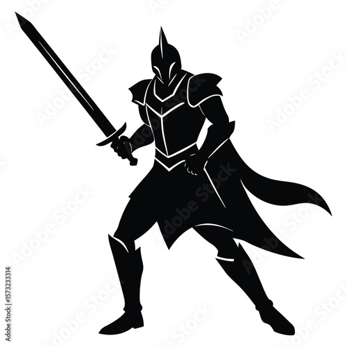 Silhouette of a Knight Holding a Sword Ready for Battle
