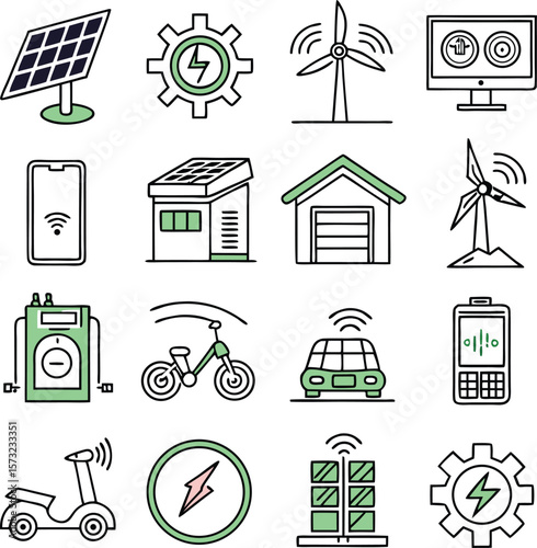 Eco friendly energy resource icons, solar panels, wind power and electric transport options presented in a graphic.