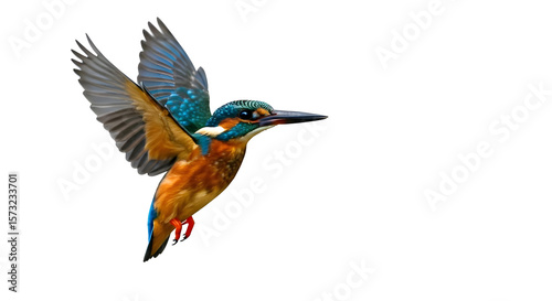  A shimmering kingfisher diving mid-air, white background