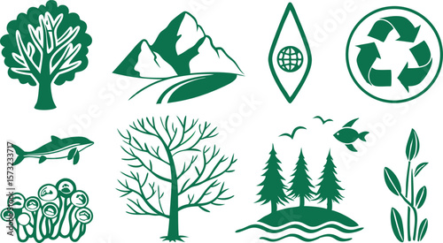 Nature themed design with mountains, trees, and wildlife elements in a green palette
