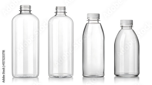 A collection of clear, empty plastic bottles of varying shapes and sizes stands against a white background, ideal for showcasing beverage or liquid product packaging and promoting health and fitness
