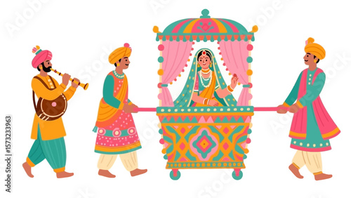 Festive Indian wedding illustration showing a bride carried in a palanquin with musicians and vibrant traditional colors.