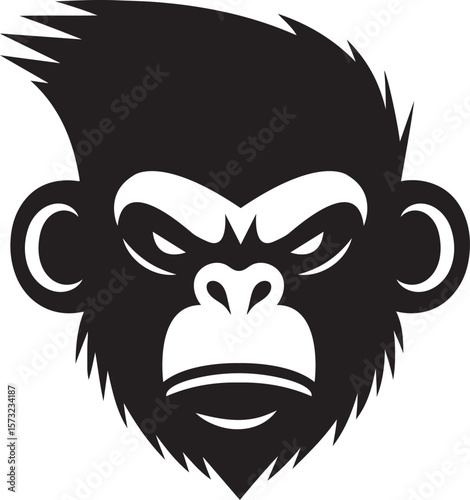 Silhouette Angry Gorilla Head Vector Illustration, Fierce Monkey Face Logo in Black and White