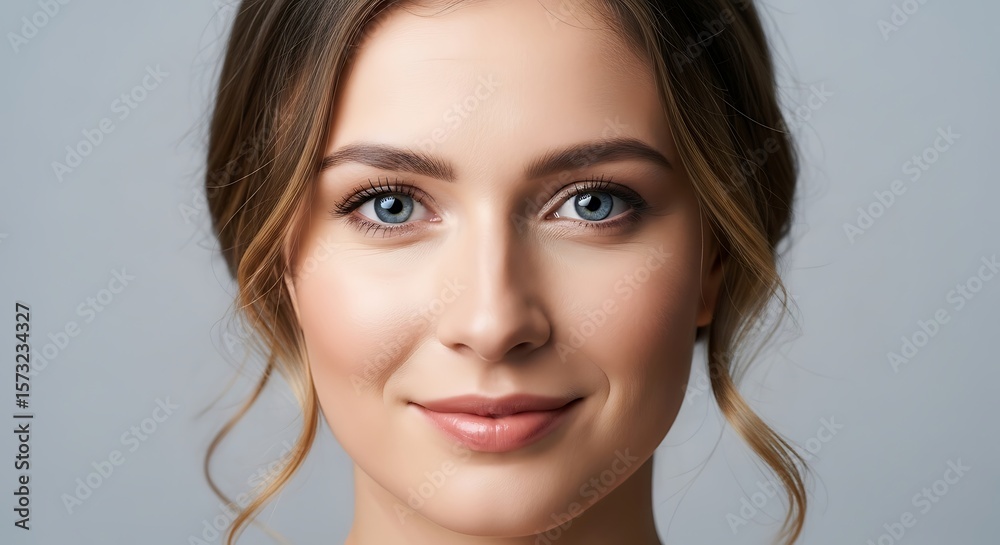 Naklejka premium Close-Up Portrait of a Smiling Woman with Blue Eyes and Natural Makeup on Neutral Background