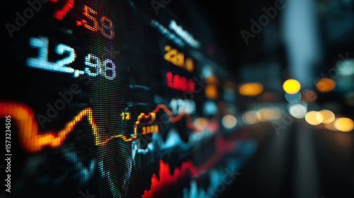 Close-up of a Financial Data Screen: A computer monitor showing fluctuating numbers and graphs of stock market or scientific data.
