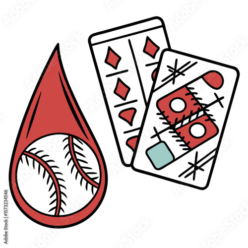 A stylized illustration depicts a baseball inside a red droplet shape next to two playing cards with diamond and abstract designs suggesting a game of chance or sport